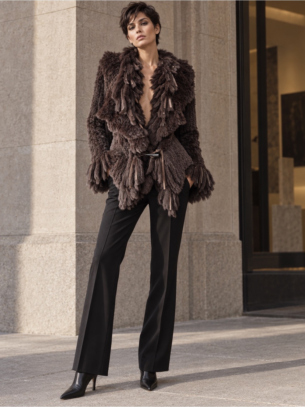 Rizal Paris Brown Genuine Rabbit Fur Ruffle Jacket Size S